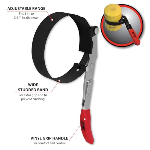 Performance Tool W54123 Oil Filter Wrench, Swivel Handle, Studded Steel Band, 3 in. to 3 3/4 in. (76mm to 95.25mm) Diameter, Black/Red by Performance Tool - Image 2