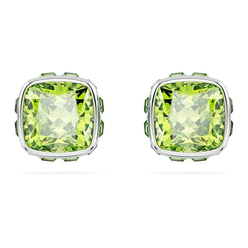 Swarovski Birthstone stud earrings, Square cut, August, Green, Rhodium plated