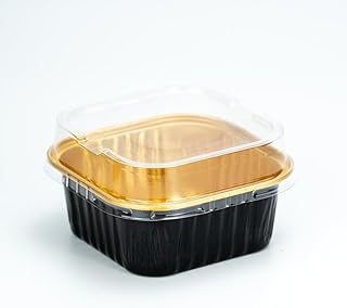 50PCS Square Dessert Containers with Lids - Gold & Black Cover Set for Lava Cake, Mousse, Tiramisu, Chocolate Desserts, Includes Sticker Molds, Reusable Baking Storage Boxes (Black Gold)