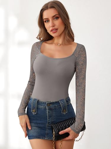 ANRABESS Womens Long Sleeve Shirts Lace Scoop Neck Tops,Dark Khaki,XS — view 6