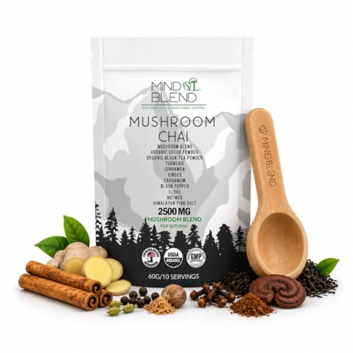 MindBlend Mushroom Chai Tea, 10 Servings, Lion's Mane, Cordyceps, USDA Organic, Gluten Free, Vegan | Made in the USA | Adaptogens for Natural Energy, Gut Health, Mental Focus | Coffee Alternative
