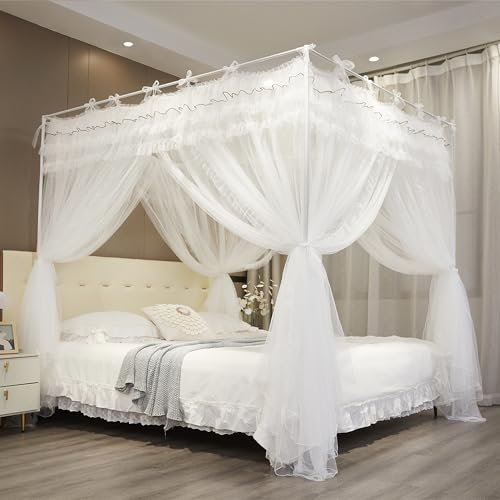 NXGIO Bed Canopy Curtain Double Layer 4 Corners Post Lace Up Ruffle Princess Drape Netting 4 Opening Mosquito Net for Girls Bedroom Decoration (White, 59 W*82 L*82 H/Queen)