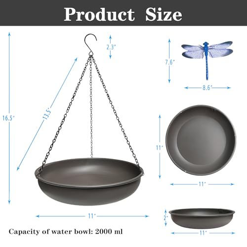 Image of Hanging Bird Bath for Outside,11 inch Metal Bird Feeder Birdbath Bowl with 13.5 inch Rust-Proof Black Chains for Garden Backyard Decor with Magnetic Dragonfly Decor Dark Curry