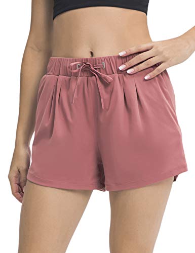 SEBOWEL Women Workout Short Pants Drawstring Yoga Lounge Shorts Athletic Running Shorts Sports Active Shorts with Pockets, Pink, L
