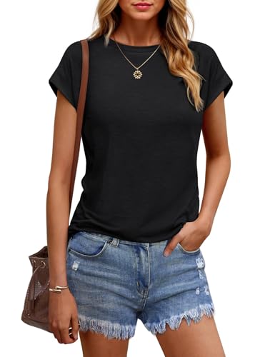 Wayleb Damen T-Shirt Sommer Rundhals Kurzarmshirt mit Flügelärmeln Leichtes Basic Oberteil Lockeres Casual Top für Urlaub & Reisen – Schwarz S