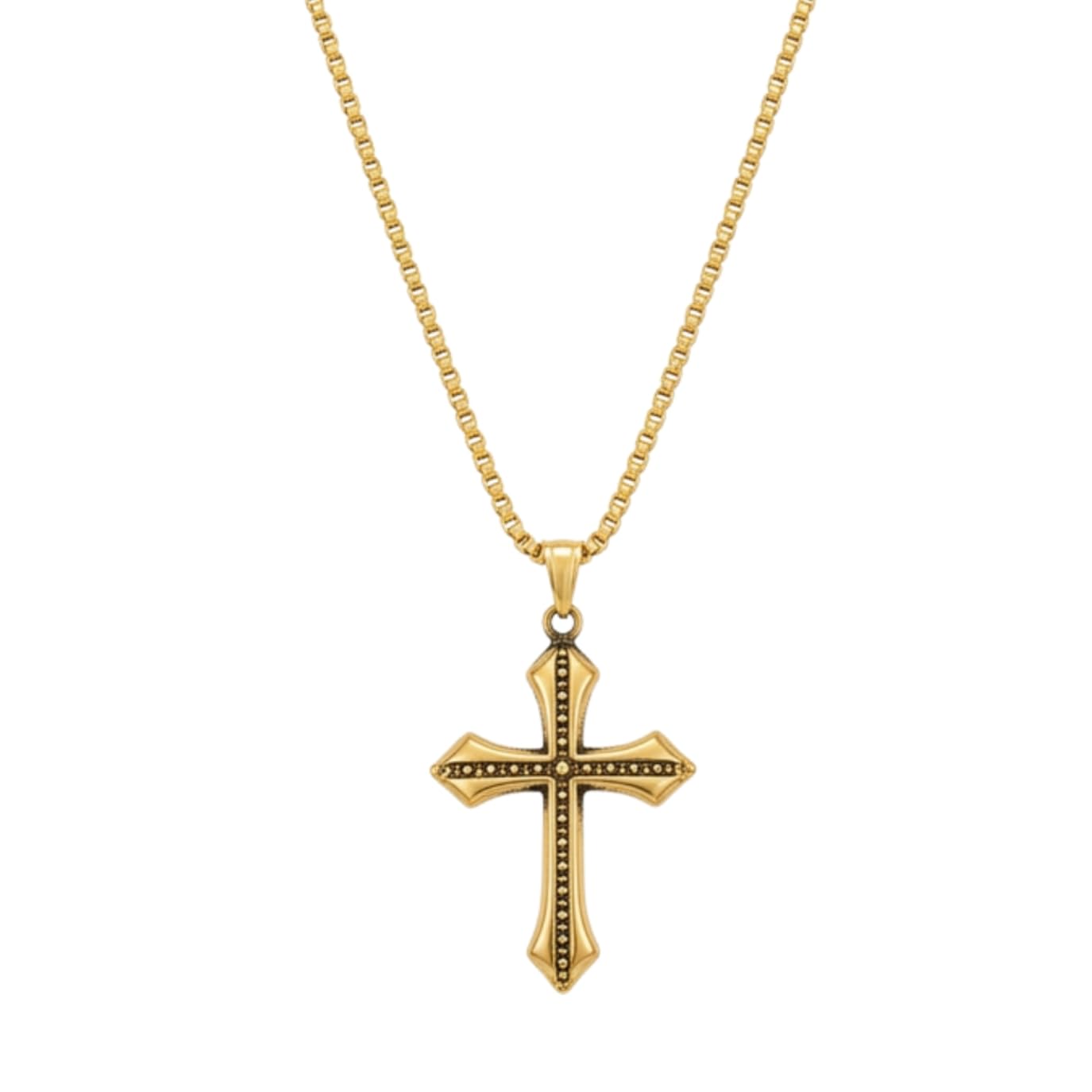 Gothic Cross Pendant Necklace for Men and Women Gold Plated Stainless Steel Crucifix Locket with Box Chain Retro Religious Spiritual Fashion Jewellery for Boys-image-45
