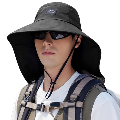 Image of Rosoz Outdoor Sun Hat for Men Women, UPF50+ Protection Safari Cap Wide Brim Mesh Fishing Hat with Neck Flap Beach Garden