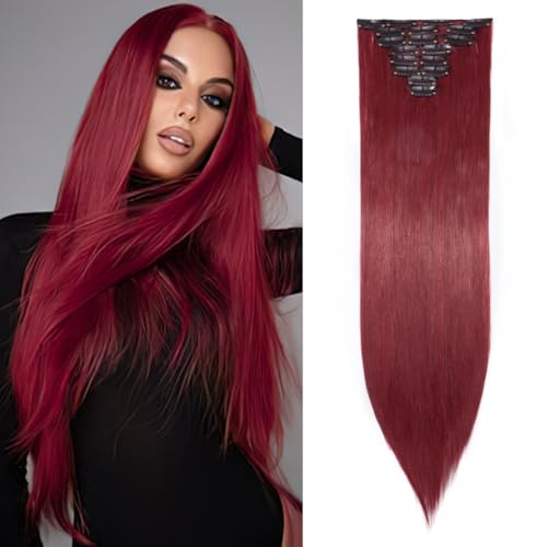 TESS Extension à Clip Cheveux Naturel 66 cm, Lisse Rouge 18 Clips 8 PCS Rajout Naturel 140g