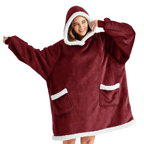 Bedsure Blanket Hoodie, Wearable Blanket for Adults & Kids as Gifts for Women Men, Birthday Gifts for Women Mom Girl Sherpa Oversized Hoodie, Burgundy, Small