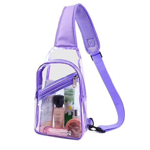 Clear Sling Bag, Stadium Approved, Small Clear Chest Backpack with Front Pocket, Crossbody Chest Bag for Men Women, Purple2