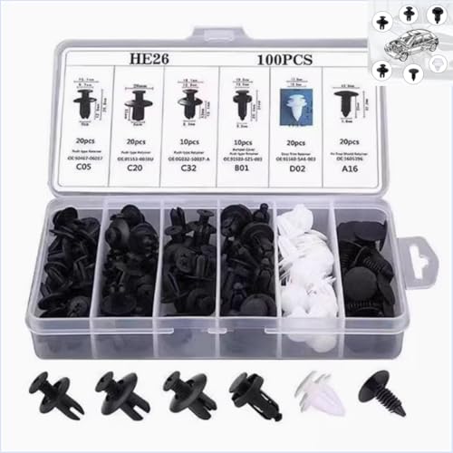 100 PCS Car Bumper Retainer Clips, 6.3mm 8mm 9mm 10mm Nylon Fasteners Rivet Replacement Kit, Suitable for Most Models