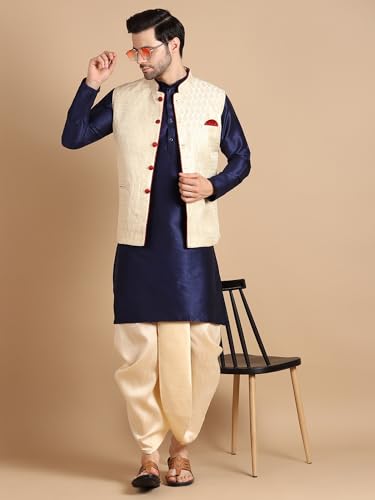 Image of Men's Silk Blend Solid Kurta Dhoti Set with Designer Ethnic Nehru Jacket