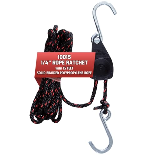 Rope Ratchet 1/4" Adjustable Pulley System – 150 lb Capacity Heavy-Duty 15' Braided Polypropylene Rope, Locking Rope Hanger, Grow Lights, Tarp Tie Downs, Kayak Straps, Plant Pulleys, Tent Tie Downs
