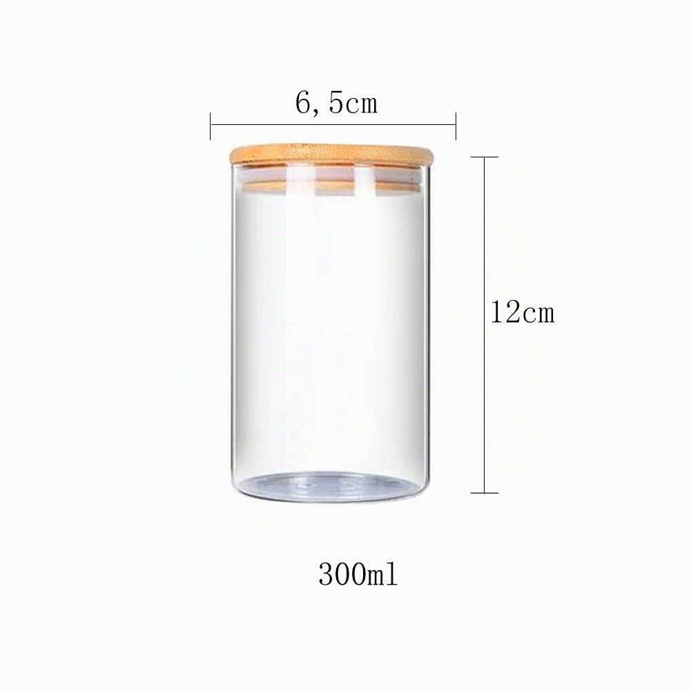 300ml Bocaux Conservation Verre, Lot de 5 Pot de Bocal en Verre avec Couvercle en Bambou et Rondelle en Silicone pour Épices, Haricots, Bonbons