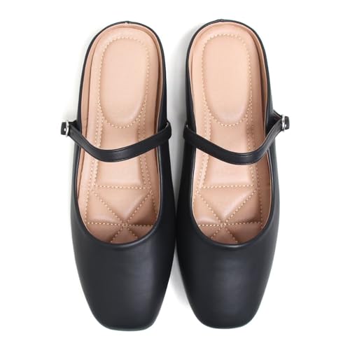 Image of TN TANGNEST Leather Flats for Women Retro Mary Jane Flats | Comfortable Square Toe Slip On Flats with Buckle Strap, Soft Work Flats Office Shoes