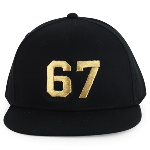 Trendy Apparel Shop Youth Size Number 67 Gold Thread Embroidered 6 Panel Cotton Snapback Cap - Black