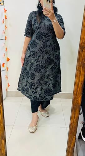 Image of ANNI Designer Kurta Sets for Women Viscose Blend Printed | Kurti Set for Woman | Kurta Palazzo Set | A Line Kurti | Mandarin Collar Elbow Sleeve Suit Set for Women Stylish Ethnic Outfit Clothing