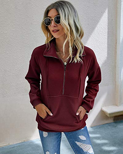 Prettygarden Women’s Casual Long Sleeve Lapel Zipper Sweatshirt Drawstring Loose Pullover Tops Wine Red #TOP1