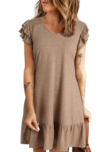 Image of Dokotoo Womens Summer Dresses 2025 Ruffle Short Sleeve Smocked V Neck Casual Loose A-Line Swing Mini Dress Sundress