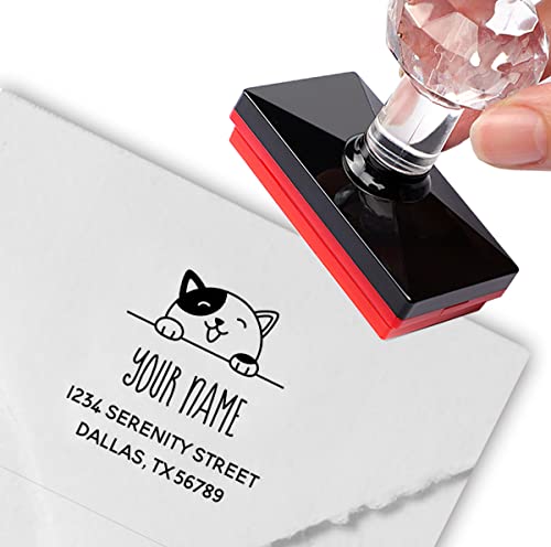 Sello personalizado con diseño de gato sonriente de Calico mirando por encima de la dirección, calcomanías de agradecimiento para empresas familiares y pequeñas empresas Cover