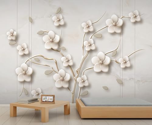Papier peint floral blanc doré relief 3D, cache les défauts muraux