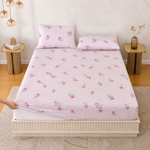 Image of King Size Elastic Fitted Bedsheet, 100% Pure Cotton King Size Fitted Bedsheet for Double Bed with 2 Pillow Covers, 240 TC, 72x78 Inches up to 8-inch Mattress, Floral (Blush Bloom)