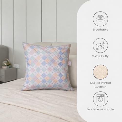 Image of STITCHNEST 'QuadraNest' Series Printed Quilted Velvet Cushion Cover 16x16 Inch Set of 2 | Premium Soft Fabric, Washable & Fade Resistant | Decorative Living Room Cushion Covers | Serene Pastel Check