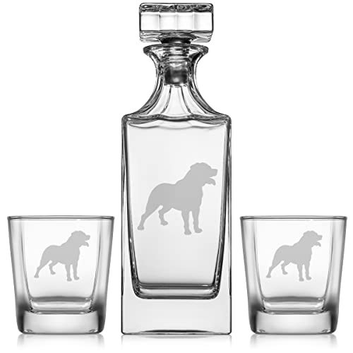 Whiskey Decanter Gift Set With 2 Whiskey Old Fashioned Rocks Glasses Rottweiler