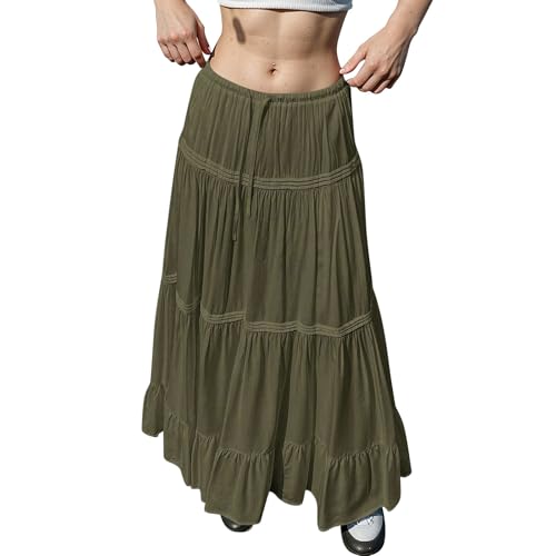 Summer Skirts for Women Trendy Drawstring Waisted Flowy Tiered Linen Maxi Skirt Pleated Ruffled A-Line Long Skirts2