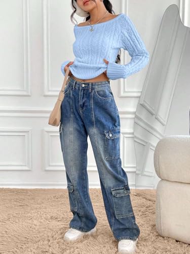 ZAFUL Women’s Boat Neck Cable Knit Sweater, Long Sleeve Off Shoulder Ribbed Slim Fit Pullover Tops Cute Fall Outfits 20254