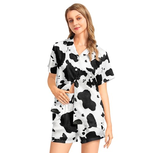 Image of Funny Pajamas for Women Set Print Satin Loungewear Pjs Short Sleeve Button Down Top and Shorts Sets Sleepwear XS-3XL