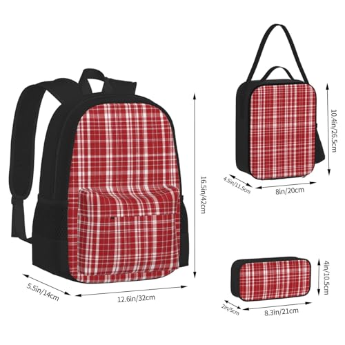 Plaid Red And Black Print 3 Piece Backpack Set, Laptop Daypack, Lightweight Bookbag Set With Lunch Bag Pencil Case3