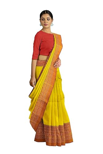 Image of eC ESHA'S COLLECTION Women's Cotton Blend Begumpuri Handloom Saree With Unstitched Running Blouse Piece