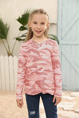 Image of Girls Camouflage Stripe Short Sleeve Shirts V Neck Criss Cross Tees Sweat Kids Casual Sport Tops Blouse（4-15T）