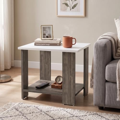 Image of Echo 2-Tier Center Table & Side Table - Modern Dual-Tone Coffee Table for Living Room & Bedroom | Premium Engineered Wood, Frosty White & Dark Oak (47 x 40 x 42 cm)