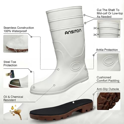 Image of Men's Steel Toe Rain Boots, Lightweight Waterproof PVC Work Boots with Cuttable Shaft, Slip & Oil Resistant for Farming & Construction