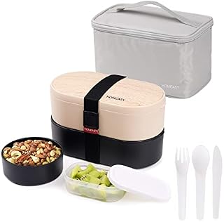 homeasy Bento Box, Lunch Box with Cutlery Set and 2 Sauce Pot, 2 Tiers Bento Lunch Boxes 1200ML Container BPA-Free Food Material Ideal for Adult/Kids/Student, Black with Insulated Bag