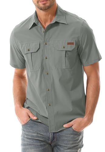 Zyvrenix Men's Casual Button Down Shirts Outdoor Short Sleeve Summer Beach Elastic Shirt with Pocket Green 2XL