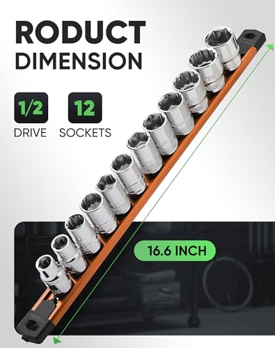 Image of ALOANES Magnetic Socket Organizer Set, 1 /2-Inch Drive Heavy Duty Aluminum Socket Rail Organizer, 360 Swivel Clips Socket Holder Kit for Toolbox Drawer Fit 1 /2-Inch x 12 Clips (Orange, 1PC)