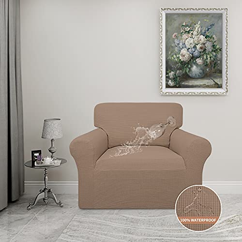 Image of Easy-Going 100% Waterproof Chair Couch Cover, Stretch Jacquard Sofa Cover | Dual Waterproof Sofa Slipcover, Leakproof Furniture Protector for Kids, Pets, Dog and Cat (Chair, Camel)