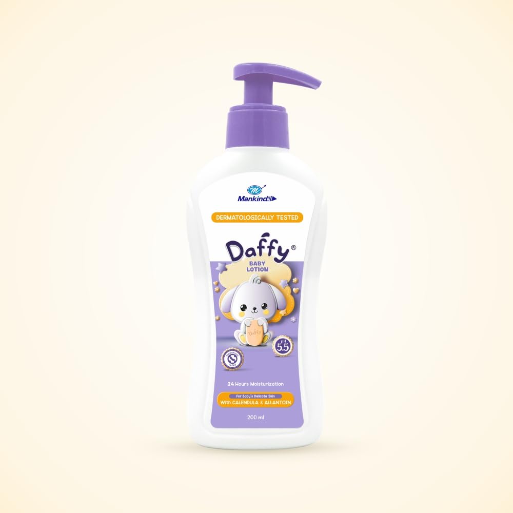 Daffy Baby Lotion by Mankind for Newborns & Babies | Gentle Daily Moisturising Lotion with Calendula & Allantoin | Paediatrician Tested, pH 5.5 Balanced Formula for Sensitive Baby Skin | Mild, Hypoallergenic & Non-Sticky Baby Moisturiser | 200 ml