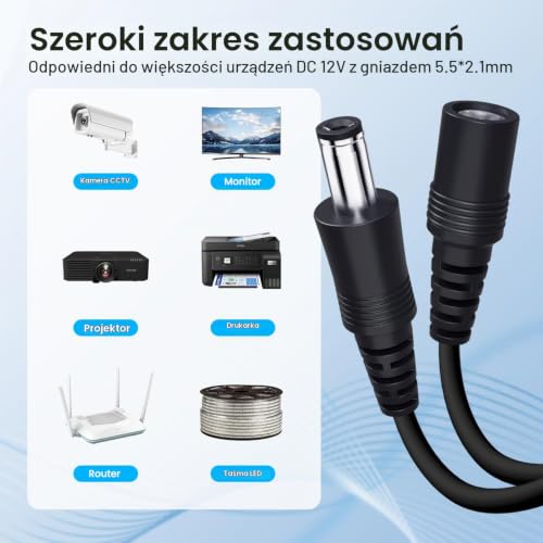 Kabel przedłużający zasilania z czystej miedzi 5 m, 5,5 mm x 2,1 mm, 12 V DC, do kamery bezpieczeństwa, routera, taśmy LED, zasilacza DC itp