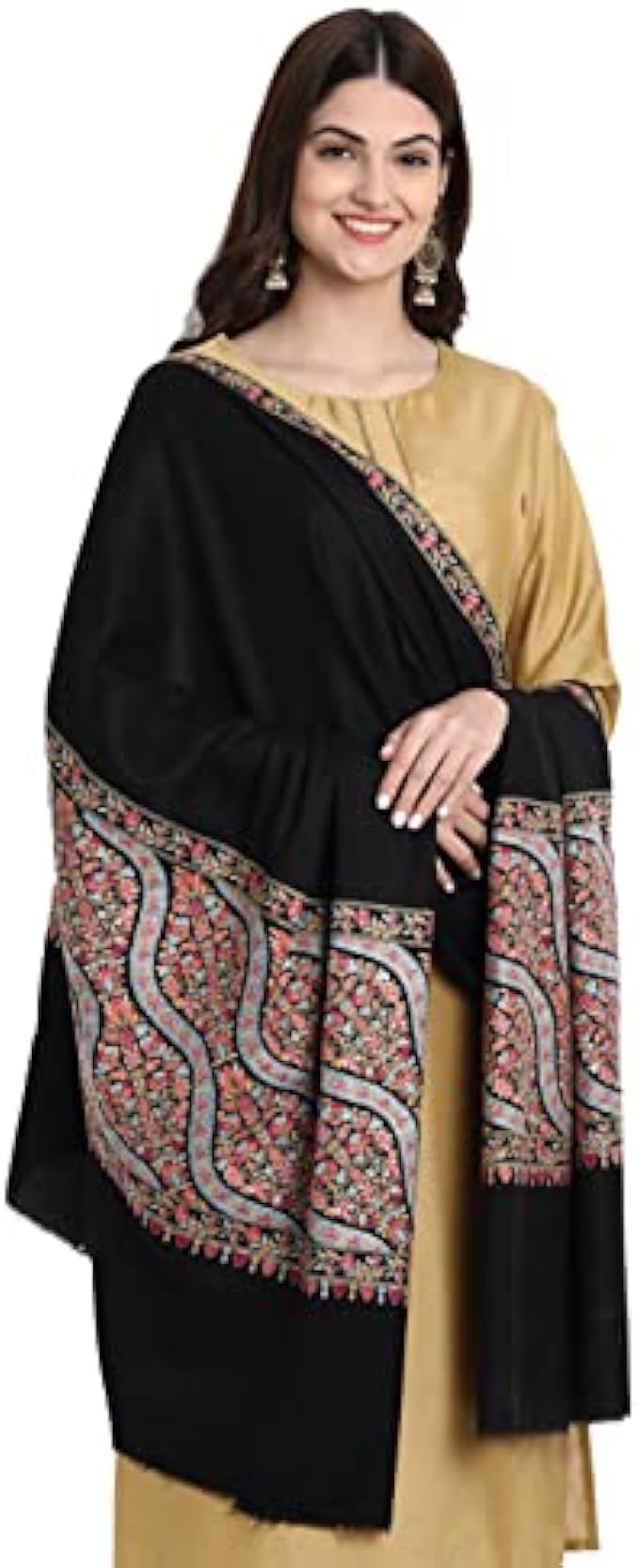 Kashmiri Indian Sozni Embroidery Paper Mache Pashmina Wool Shawl Scarf for Women