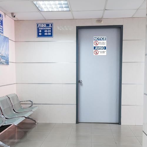 Image of 5 x No Cell Phones Bilingual Notice Sticker | 10 x 7 Inch No Phones Zone Warning Sign | Easy to Mount Vinyl Labels with Symbols | UV-Resistant, Waterproof, Self-Adhesive Signage for Business, Workplaces, Classrooms, Gas Stations