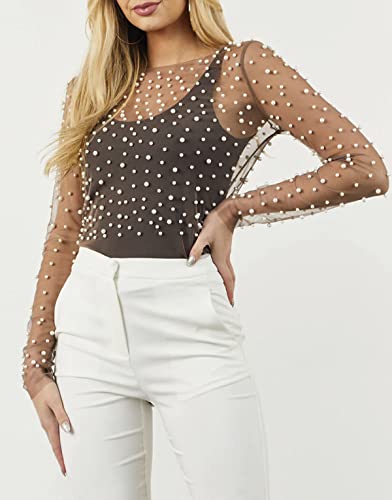 Mesh Sheer Beaded Top for Women Solid Long Sleeve Tee Blouse See Through Beach Cover Up for Women Crop Top3