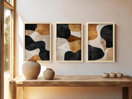 Image of BLINKART Set of 3 RUST BLACK CURVES BROWN CREAM BLOCK Natural Brown Frame Painting for Wall Decoration - Modern Art Wall Decor Framed Painting for Living Room Bedroom - Framed Wall Posters /Paintings (8X12 inch)