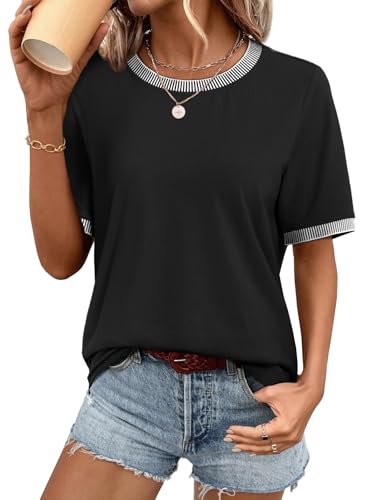 ATHMILE Womens Short Sleeve Tops Striped Color Block T Shirts Summer Crewneck Loose Casual Tee 2025