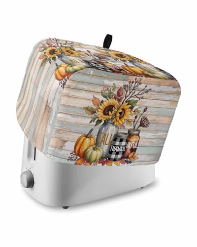 Fall Toaster Cover 4 Slice, Sunflower Pumpkin Leaves Wood Plank Bread Maker Dust Cover with Pockets for Kitchen Small Appliance 12x11x8in