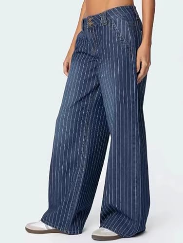 Women's Striped Wide Leg Jeans Mid Waist Stretchy Boyfriend Straight Leg Denim Pants2