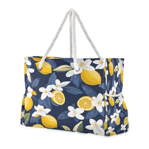 ATTX Lemon and Flowers Beach Bags for Women - Large Beach Bags with Zipper Waterproof Sandproof Swim Pool Bag Large Tote#307